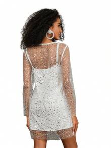 Women's Glitter Mini Dress Long Sleeve Round Neck Sheer Sequin Dress Two Piece Outfit - 白色 - 查看 5