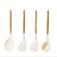 Silicone Kitchenware Set, Heat Resistant Non-Stick Pot Spatula, Soup Ladle, Cooking Spoon With Wooden Handle - White - View 17