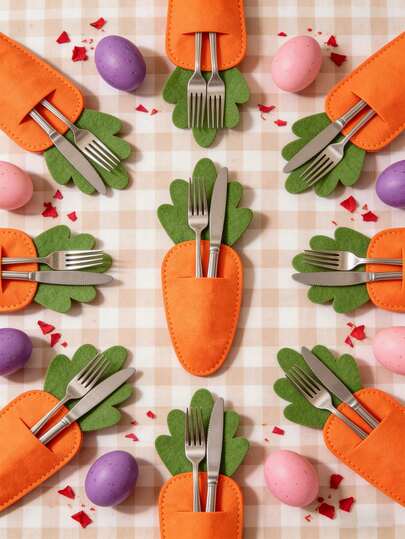 1Pc Easter Carrot Cutlery Holders Felt Tableware Pouches Silverware Knives Forks Bag For Spring Holiday Home Party Kitchen Table Decorations Dinner Supplies