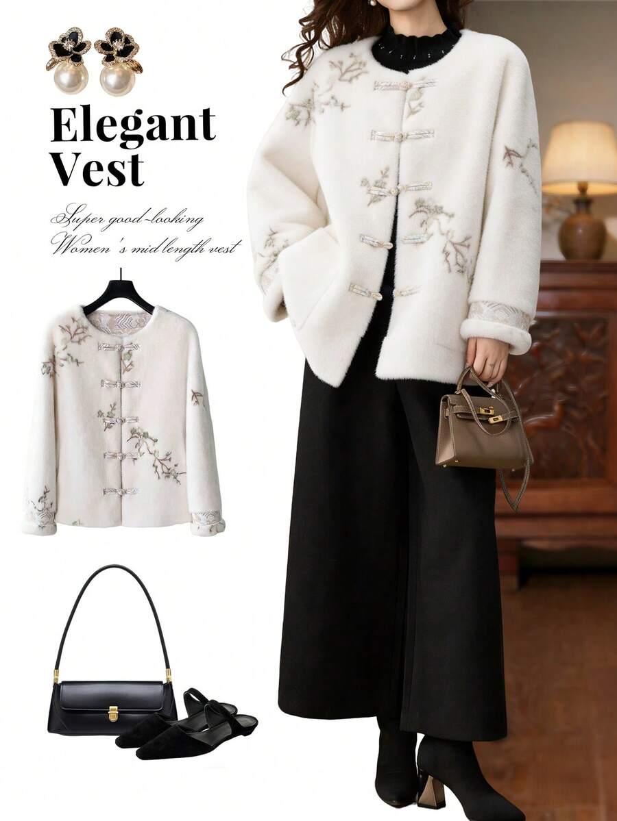 This Winter's New Chinese-Style Tang Suit Jacket Features A Button-Down Front, Long Sleeves, A Round Neck, And A Warm, Plush Lining. It Includes Pockets, A Classic Handmade Button Design, And Is A Stylish And Elegant Garment For Women. A Perfect Gift For Mothers, This Fashionable And Stylish Jacket Is Suitable For Everyday Wear, Travel, Vacations, And Casual Outings. - Nhiều màu - Xem 1