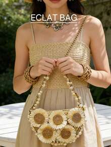 珍珠链饰草编单肩包，女士假日度假包，花朵装饰草编单肩包，夏季海滩旅行度假、户外活动、假日必备 - 米色 - 查看 1