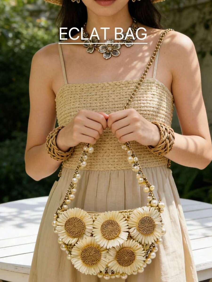 珍珠链饰草编单肩包，女士假日度假包，花朵装饰草编单肩包，夏季海滩旅行度假、户外活动、假日必备 - 米色 - 查看 1