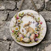 复活节兔子和彩蛋圆形木质牌匾，家居墙面装饰花环挂饰 - 彩色 - 查看 3