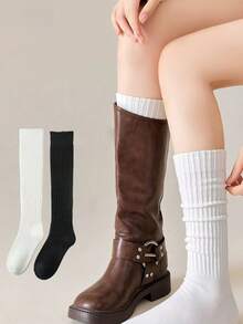 1双女士简约黑白修身中筒袜，保暖长袜，适合日常搭配皮鞋穿着，秋冬季节适用。 - 彩色 - 查看 1
