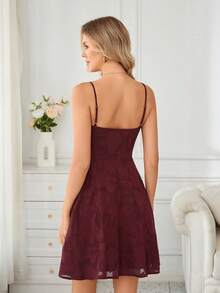Wine Red Jacquard A-Line Elegant Spaghetti Strap Mini Dress Wedding - Red - View 3