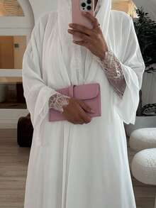 Modest Middle Eastern Clothing Muslim Women's Chiffon & Lace Trim Abaya With Headscarf - White - View 5