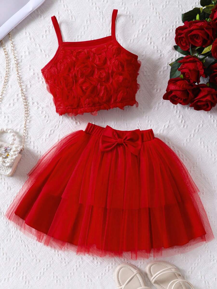 Tween Girls 3D Rose Floral Camisole Top And Double Layer Tulle Skirt Set - Red - View 1