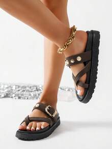 Giày sandal đế xuồng xỏ chân kiểu dáng mới với khóa kim loại trang trí, thoải mái, chống trơn trượt, đa năng và dễ vệ sinh, phù hợp cho đi biển và mặc hàng ngày. - Cà phê nâu - Xem 2