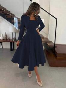 两件套优雅日常通勤商务精致约会短款宽松长袖外套上衣+吊带腰部细节不对称下摆长裙，女士秋冬春季穿搭 - 藏蓝色 - 查看 5