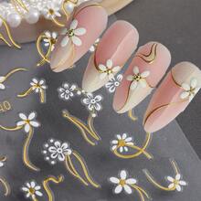 2片/套 FC-040 白色花朵金线美甲贴纸，粉色美甲配套水转印贴纸，专业美甲沙龙及DIY爱好者适用，潮流ins金线花朵美甲，自粘防水持久，高端ins风美甲配件 - 彩色 - 查看 3