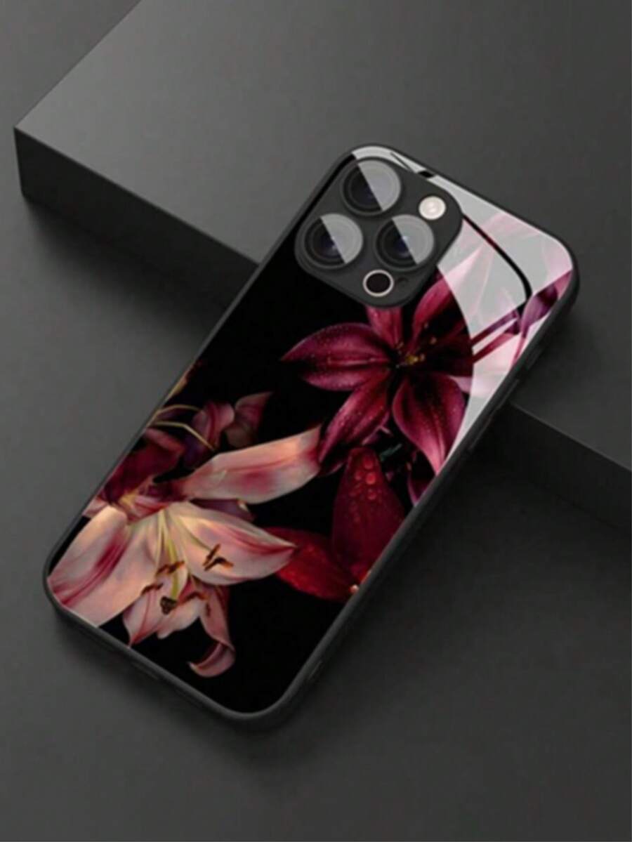 1pc Elegant Lily Flower Pattern Glass Material Phone Case, High-End Atmospheric, Compatible With IPhone, Tempered Glass Material - Black - View 1
