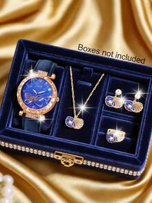 一套时尚清新的贝壳镂空吊坠项链、耳环和戒指首饰套装，搭配一块心形表盘、水晶镶嵌表壳的女士石英手表，适合日常佩戴、生日礼物、派对、节日聚会等场合，是送给自己或朋友的理想礼物。不含礼盒。