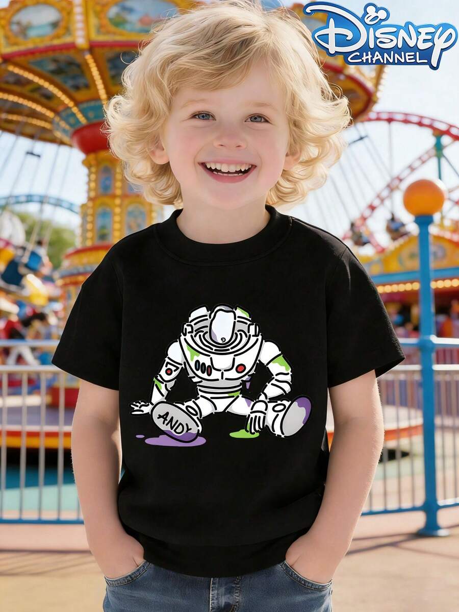 Disney 'Toy Story' Buzz Lightyear Patterned Crew Neck Summer T-Shirt, Suitable For Boys And Girls For Holiday Parties, Dinners, Outdoor Play, Travel, And As A Children's Gift For Visiting Disneyland. - Black - View 1