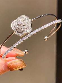 1件装 时尚花朵双层立方氧化锆装饰多层开口手链，适合女性日常佩戴，复古简约时尚精致手链，轻奢高端女士珠宝 - 手鐲 - 查看 6