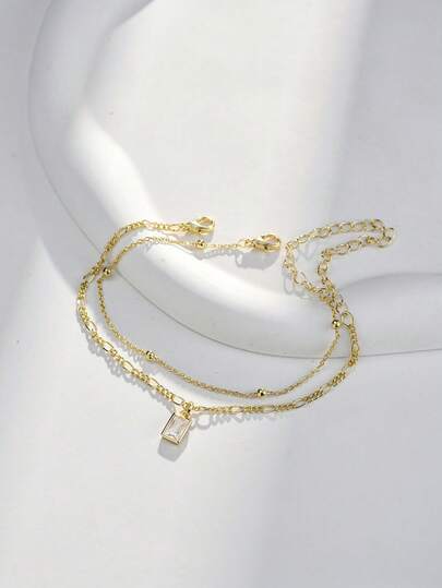 2pcs/Set Women Fashion Minimalist Multi-Layer Gold Cross Chain Geometric Cubic Zirconia Copper Pendant Bracelets, Suitable For Women's Daily Casual And Holiday Wear (Random Bead Quantity)