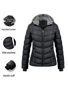 女士休闲夹克，带拉链口袋，秋冬季黑色 - 黑色 - 查看 1