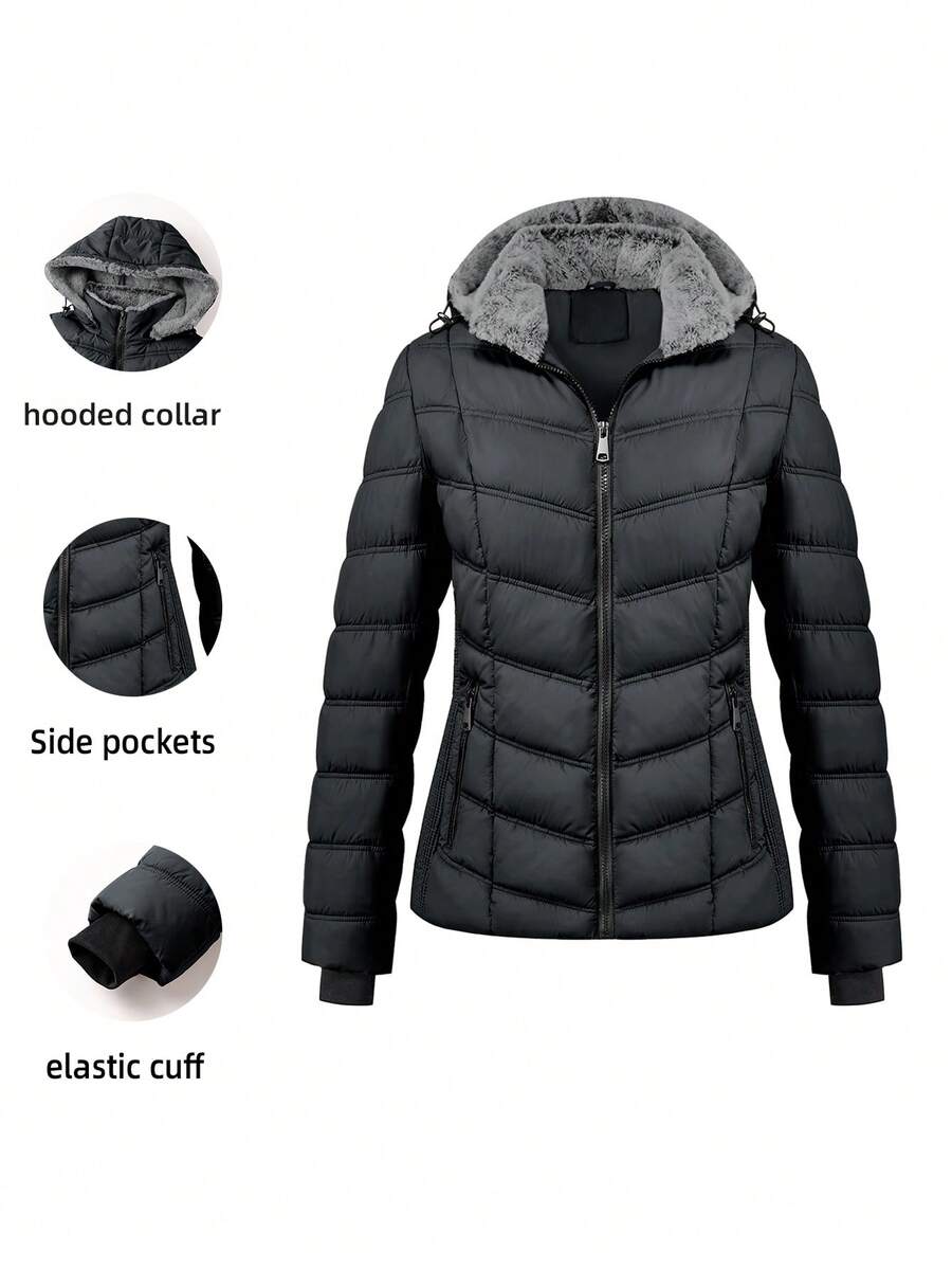 女士休闲夹克，带拉链口袋，秋冬季黑色 - 黑色 - 查看 1