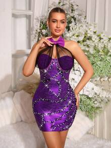 New Women's Sleeveless Bodycon Slim Fit Sexy Mesh Mesh Splicing See Through Neck Hanging Bow Dress Banquet Birthday Party Ball Gowns