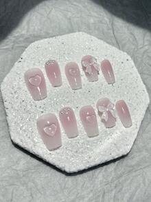 10pcs Cute Pink Sweet Princess Removable Handmade Short False Nails, Y2K Energetic Girl Blush Bow Nail Stickers, Press-On Nail Art Supplies (1 Jelly Sticker + 1 Nail File) - Pink - View 10