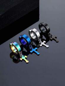 1pc Men's Unique Geometric Design Long Earring - Silver - View 10