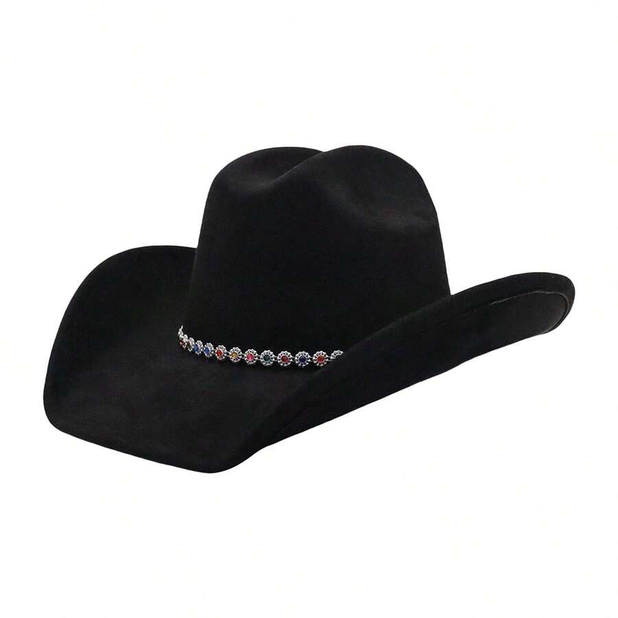 Felt Cowgirl Hat Stylish Colorful Rhinestone Chain Western Hat Wide Brim Jazz Cap For Daily Life  Party - màu đen - Xem 1