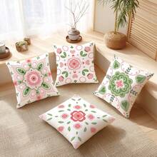 1件简约日常粉绿波西米亚风花卉植物印花装饰抱枕套，单面桃绒面料，45*45厘米/18*18英寸，适用于房间装饰、现代沙发客厅装饰，礼品 - 彩色 - 查看 6