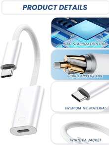 1 pieza Adaptador de Tipo-C a Lightning, Adaptador de carga trenzado y transferencia de datos compatible con iPhone 17/16/15 Pro Max/15 Pro/15 Plus/15, S25/S24/S23/S22/S21 Ultra Plus, Series con cable - Blanco - Ver 2