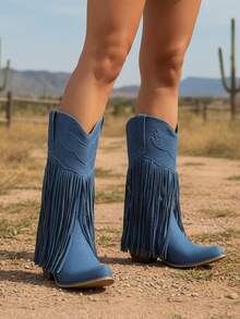 Women's Fringe Cowgirl Western Boots Fashion Embroider Mid Calf Cowboy Boots Chunky Heel Pull On Vacation Casual Party Ridding Shoes For Woman - Dark Blue - 查看 2