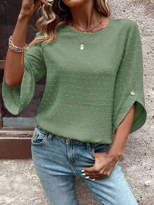 Women's Polka Dot Cutout Textured Mid-Sleeve Asymmetrical Cuff Decor Button Bohemian Style Loose Fit Round Neck Blouse - Green - View 6