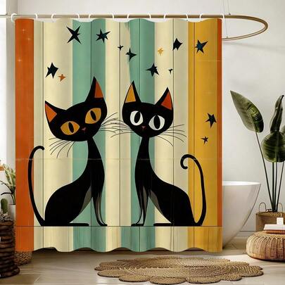 1件彩色拼接猫咪印花浴帘，抽象动物猫咪图案浴帘，适用于浴室装饰、一般房间装饰、家居装饰套装、浴室配件浴缸帘