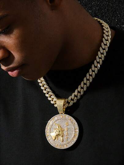 1 Peça Corrente Cubana Totalmente Gelada de Hip Hop para Homens com Pingente de Disco de Cabra