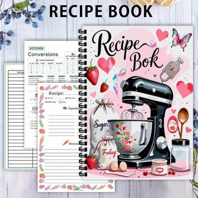 Adorable libro de recetas rosa - Viene con tabla de conversiones de cocina y plantillas de recetas | Ilustraciones lindas de corazón/cocina para organizar tus recetas culinarias favoritas