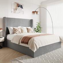Allewie Full/Queen/King Size Lift-Up Storage Bed Frame With Modern Wingback Headboard, Corduroy Upholstered Platform Bed, Hydraulic Gas Lift Support, Underbed Storage, Wooden Slats, No Box Spring Needed, Grey - 灰色 - 查看 2