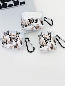 Butterfly Print Semi-Transparent White Bluetooth Earphone Protective Case With "Addn Length Of Ribbon Tied In A Bow" Romantic Slogan, Comes With 1 Black Carabiner, Compatible With AirPods Pro (3rd Gen), Pro (2nd Gen), 3, Pro - Clear - View 2