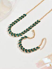 一套优雅女士首饰套装，夏季简约仿祖母绿闪亮水钻麦穗耳钉、项链+手链，婚礼季奢华礼物