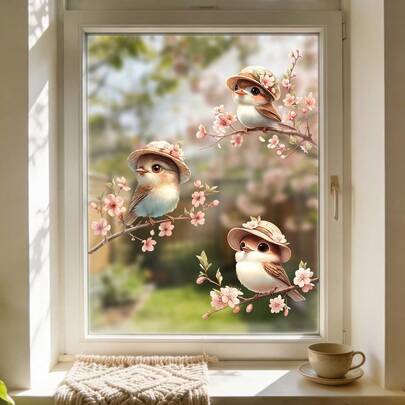 1/3/5 buc autocolant static pentru fereastră, cu păsări drăguțe purtând pălării de paie pe ramuri de flori de cireș, design electrostatic pentru sticlă, fără lipici, impermeabil, reutilizabil, decorativ din PVC, pentru sufragerie, bucătărie, vitrină, magazin, afișaj, stil interior sezonier, Paște, primăvară, decor pentru casă, sărbători