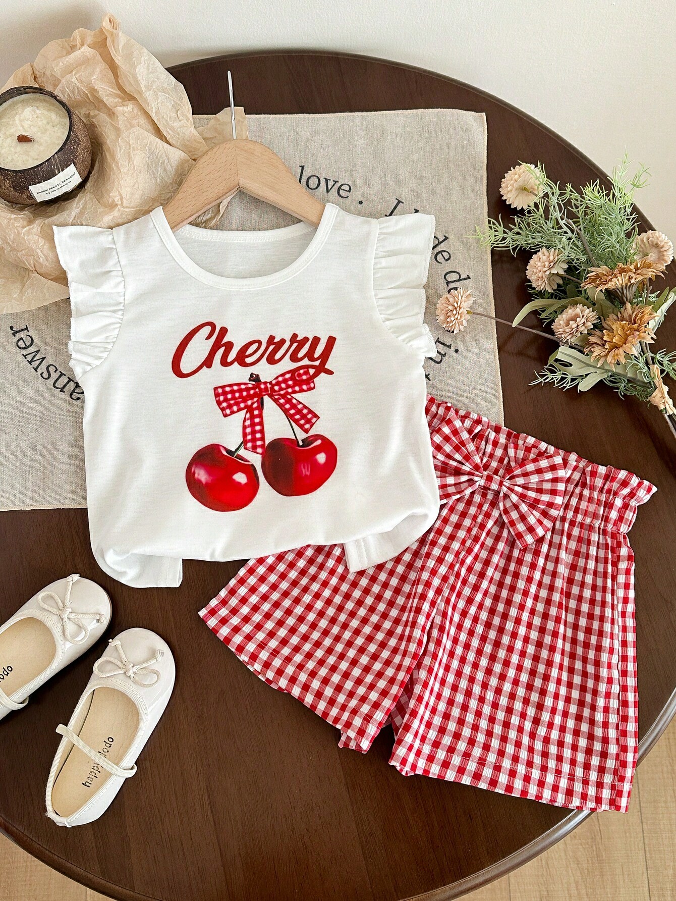 طقم بطبعة الكرز للبنات، توب بكشكشة بدون أكمام + شو...