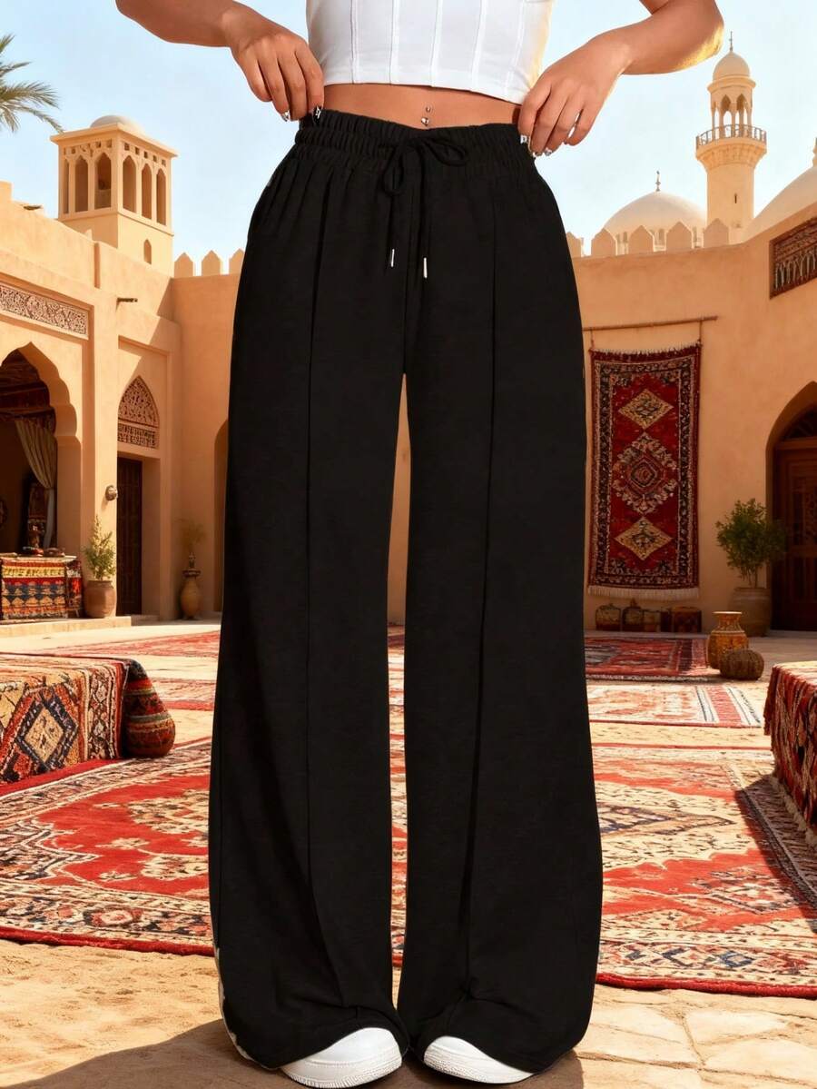 Women's Autumn/Winter Solid Color Mid-Waist Straight Leg Pants, Black Elastic Waist Casual Outdoor Sports - Black - View 1