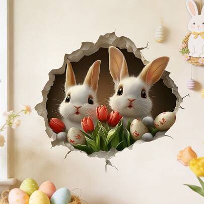 1/4 套可爱兔子与春季花卉墙贴，可移除自粘防水动物贴纸，适用于客厅墙面、冰箱、橱柜装饰，复活节派对礼物