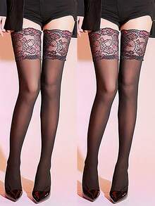 1/2 Pairs Women's Thigh High Socks, Floral Lace Patchwork Black Stockings, Suitable For Summer - Multicolor - View 13
