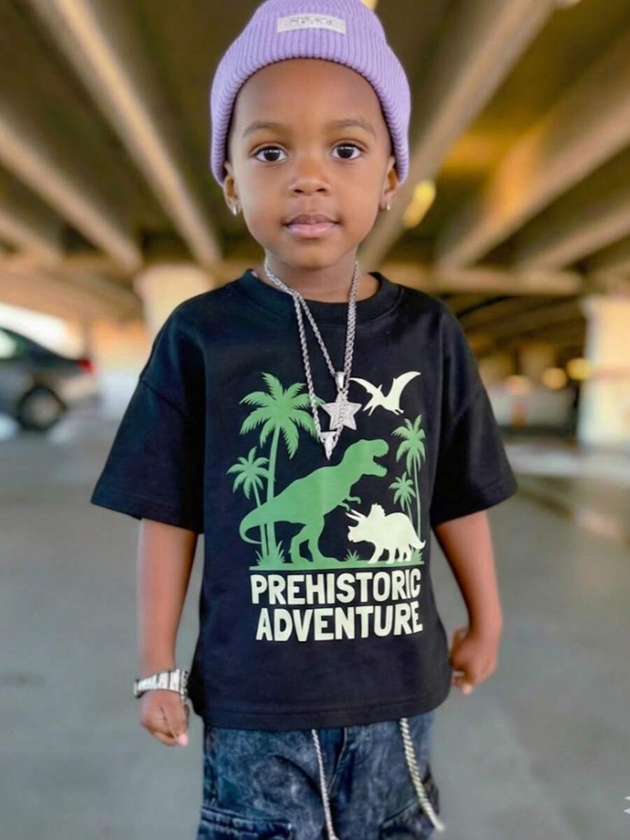 1件装男童休闲印花圆领短袖T恤，夏季学生服装 - 一款百搭T恤，为每个孩子带来欢乐和幸福！ - 黑色 - 查看 1