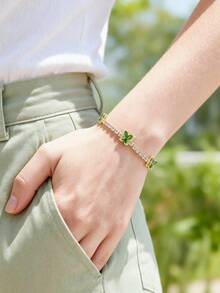 1pc Spring/Summer Fashion Women's Round Tennis Bracelet, Double Layer Butterfly Design Bangle, Elegant Exquisite Hand Jewelry Decoration, Made Of Copper Material Plated With 18K Gold, Hypoallergenic And Anti-Oxidation, Inlaid With Elegant Sparkling Synthetic Zirconia, High-End Luxury - Butterfly Bracelet - View 4