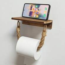 1pc Multifunctional Toilet Paper Holder, Wooden Wall-Mounted Toilet Paper Rack, No Drilling Required, Phone, Toilet Paper, Aroma Diffuser Holder - Black - View 3