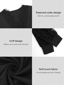 UMII 女士性感黑色长袖连体衣，蕾丝边V领修身连体衣，浪漫情人节约会之夜上衣 - 黑色 - 查看 7