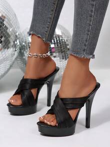 Sandalias de fiesta con tacón súper alto de 13 cm y tiras cruzadas 2026, tacones de aguja con cristales para mujer, para pasarela y boda, cómodas, tacones de plataforma, zapatos de verano - Negro - Ver 15