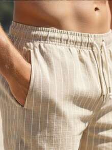 Men's Premium Linen Shorts With Drawstring, Cool And Comfortable Fabric, Perfect For Everyday Wear, Leisure, Summer, New Year's Eve, And Holidays. - 米色條紋 - 查看 2
