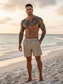 Men's Premium Linen Shorts With Drawstring, Cool And Comfortable Fabric, Perfect For Everyday Wear, Leisure, Summer, New Year's Eve, And Holidays. - 米色條紋 - 查看 5
