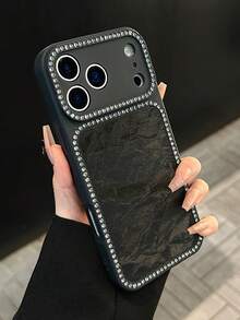 1pc Luxury Bling Glitter Diamond Satin Silk Velvet Phone Case Compatible With IPhone 17 Pro Max 16 15 14 13 Pro Max Soft Silicone Back Cover Matte - Black - View 3
