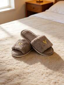 Premium Fashion Heart Decor Plush Slippers For Women, Soft & Comfortable Soft-Sole Lightweight, Suitable For Living Room & Bedroom, All Season - Coffee Brown - View 3