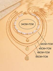 5pcs/Set Minimalist Versatile Irregular Faux Pearl CCB Beaded Necklace, Elegant Gold Chain With Geometric Pendant, Fashionable Women Necklace Jewelry Suitable For Daily Wear, Vacation, Date, Party - Gold - View 4